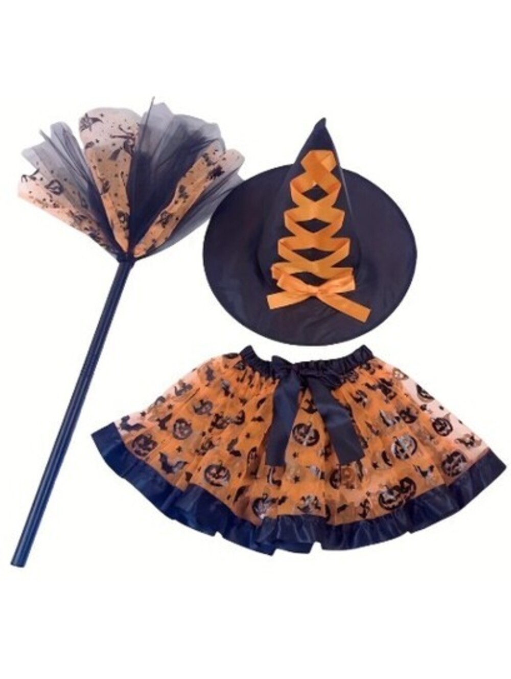 Witch Costume for Kids - Orange Tutu Skirt, Hat & Broom Cosplay Outfit  Girls S